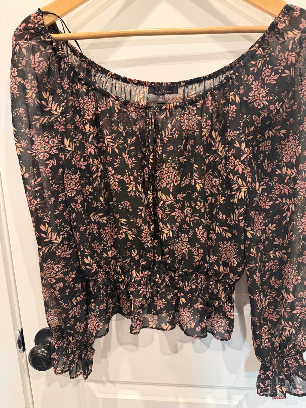 Love Tree Black Floral Off-Shoulder Blouse with Pink Print